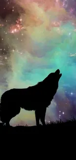 Wolf silhouette with a colorful galaxy background filled with stars.