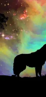 Wolf silhouette with colorful galaxy background on mobile wallpaper.