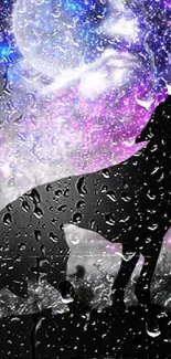 Silhouette of a wolf howling against a purple galaxy sky with raindrops.