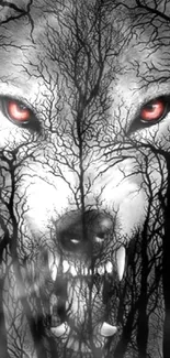 Wolf silhouette with red eyes in a forest-themed artwork.