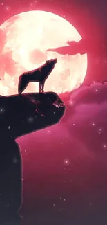 Wolf silhouette against pink moonlit sky wallpaper.