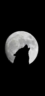 Wolf silhouette howling at bright full moon in black night sky.