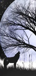 Silhouette of a wolf howling at a large moonlit night sky with a tree.