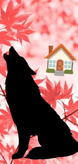 Wolf silhouette against red maple leaves wallpaper with house emoji.