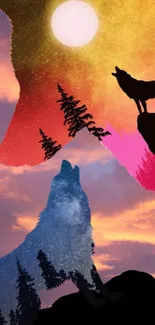 Wolf silhouette under a starry night sky with vibrant sunset hues.