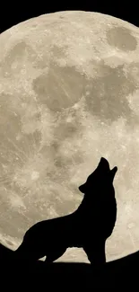 Silhouette of a wolf howling in front of a full moon.