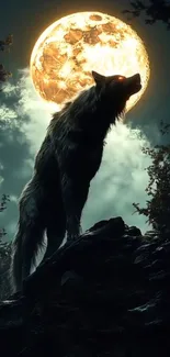 Silhouette of a wolf howling under the full moon in a dark forest.