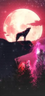 Wolf silhouette against full moon in a starry, cosmic night scene.