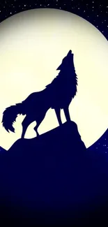 Silhouette of a wolf howling at the moon with a starry night sky.