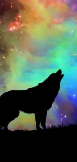 Wolf silhouette against colorful cosmic night sky with vibrant nebulae.