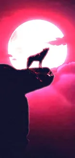 Wolf silhouette on cliff with red full moon in background.