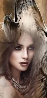 Artistic fusion of woman and wolf in nature-inspired wallpaper.