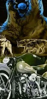 Illustration featuring wolves and a motorcycle, symbolizing wild freedom.