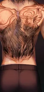 Striking wolf tattoo on a muscular back.