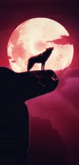 Wolf silhouette under a vivid red moonlit sky, perfect for mobile wallpaper.