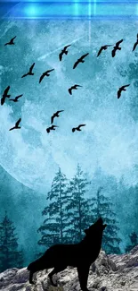 Silhouette of a wolf howling under a large full moon with birds in flight.