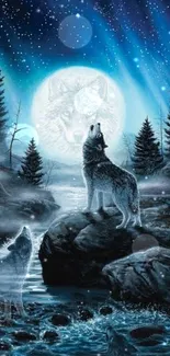 A wolf howling at the moon under a starry night sky.