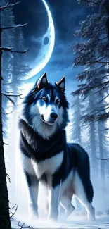 A majestic wolf stands in a moonlit snowy forest, under a crescent moon.