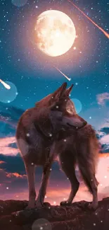 Wolf standing under a bright full moon with glowing meteors in the night sky.