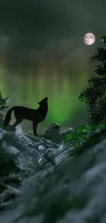 Wolf howling under Northern Lights in a forest landscape with moon.