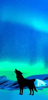 Wolf howling under vibrant Northern Lights with starry sky.