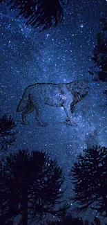 Wolf silhouette under a starry night sky, framed by dark trees.