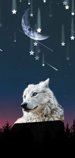 Majestic wolf under a crescent moon and shooting stars in night sky.