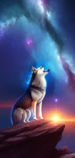 Wolf howling at night under a star-filled sky with a cosmic background.