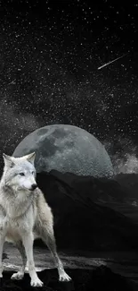 Lone wolf standing under a starry cosmic sky.