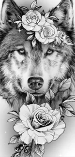 Black and white wallpaper of a wolf with floral decorations.