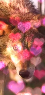 Wallpaper of a wolf with a pink heart overlay design.