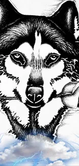 Black and white wolf with rose, cloud and lightning art wallpaper.