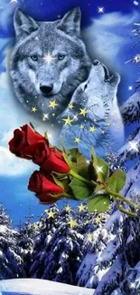 Wolves and roses in a snowy, starry forest landscape wallpaper.