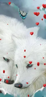 White wolves with hearts and butterflies in nature.