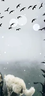 Wolves and birds in a misty forest scene.