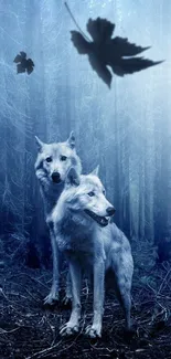 Two wolves in a mystical blue forest with falling leaves.