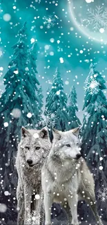 Wolves standing in a snowy forest under a teal night sky.