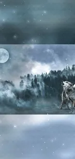 Wolves howling in a misty, moonlit forest night scene wallpaper.