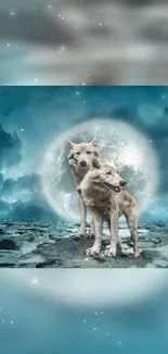 Two wolves under a glowing full moon with a teal blue sky.