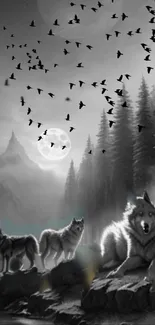 Three wolves under a full moon in a misty forest with flying birds.