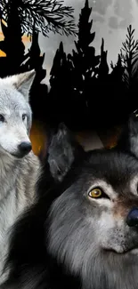 Wolves gaze under a moonlit forest sky.