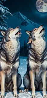 Two wolves howl under a full moon in a snowy, mountainous landscape.