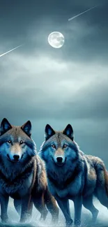 Two wolves under a moonlit cloudy sky on mobile wallpaper.