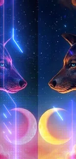 Illustrated wolves under two moons with colorful clouds on a night sky.