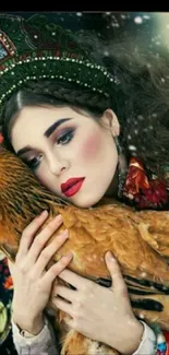 Artistic portrait of woman holding chicken with vibrant colors.