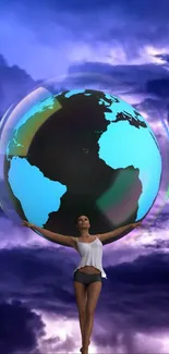 Woman holding Earth against a vibrant blue sky.