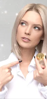 Blonde woman in white shirt holding a gold coin with minimalistic background.