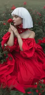 Woman in a red dress sitting among roses.