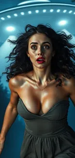 Woman startled beneath UFO in dark forest setting.