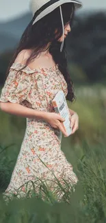 Woman in floral dress with book in field